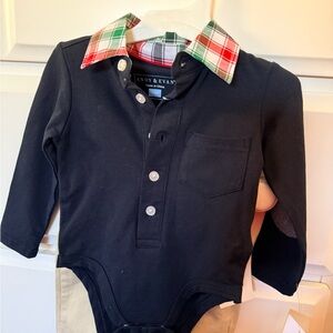 Navy Long Sleeve Baby Bodysuit with Plaid Collar